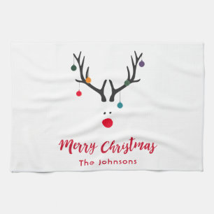 Modern funny cute Christmas reindeer on white Kitchen Towel