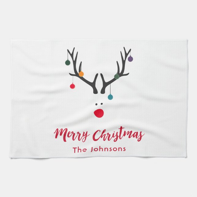 Modern funny cute Christmas reindeer on white Kitchen Towel (Horizontal)
