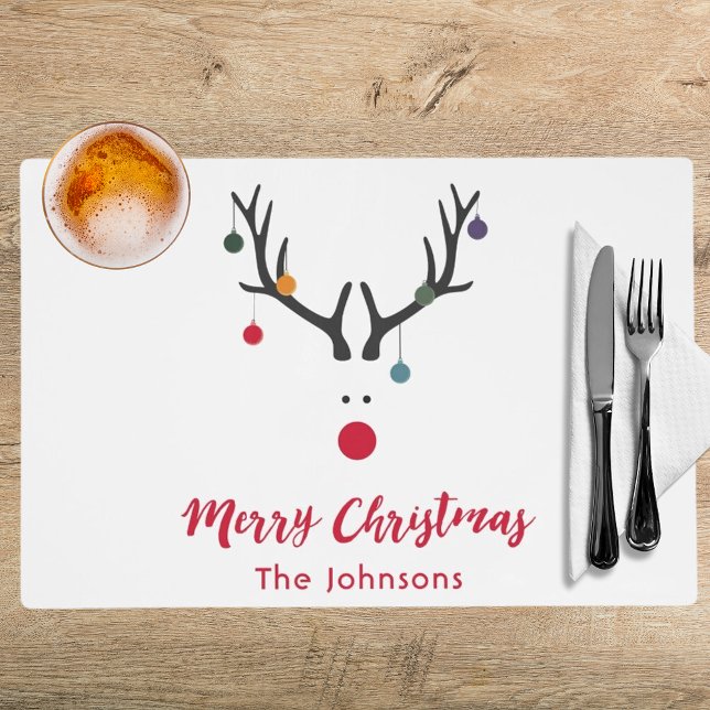Modern funny cute Christmas reindeer on white Placemat (Creator Uploaded)