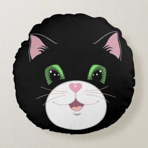 Modern funny cute tuxedo cat face cartoon round pillow