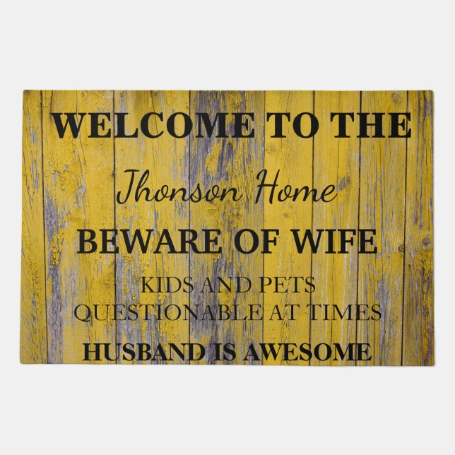 Modern Funny Family Name Welcome Personalized wood Doormat (Front)