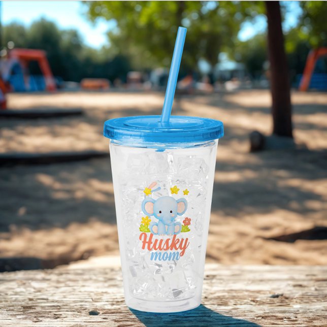 Modern Funny Husky Mom Cute Elephant Acrylic Tumbler (Husky mom tumbler)