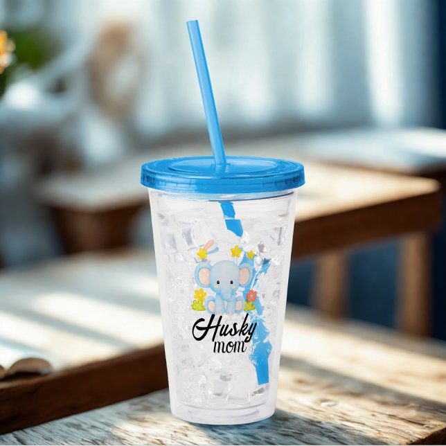 Modern Funny Husky Mom Cute Elephant Acrylic Tumbler (Modern husky mom cute elephant)