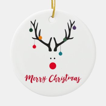 Modern Funny Reindeer On White Merry Christmas Ceramic Ornament by Nordic_designs at Zazzle