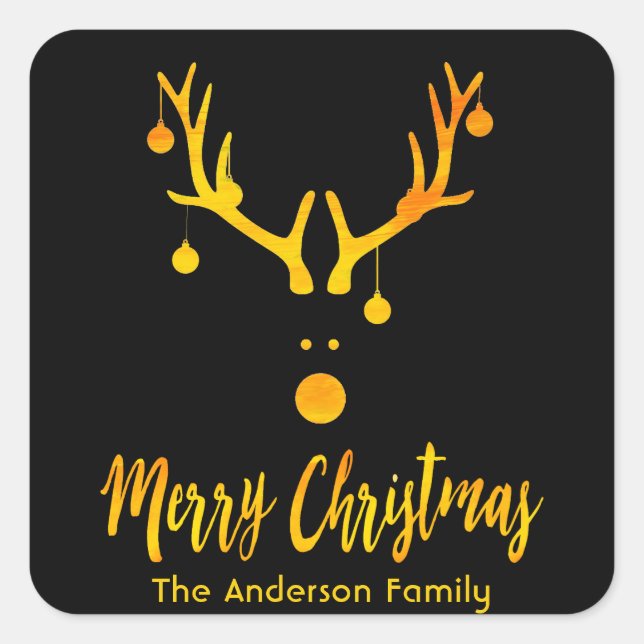 Modern funny Santa reindeer faux gold on black Square Sticker (Front)