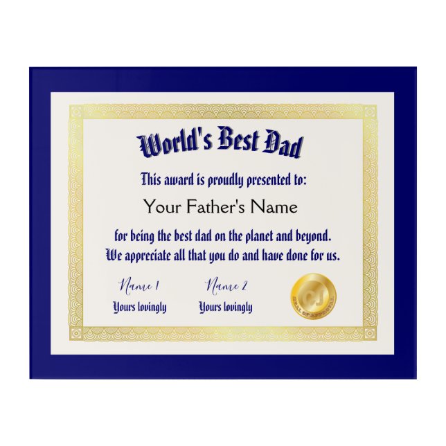 Modern Funny World's Best Dad Certificate  Acrylic Print (Front)