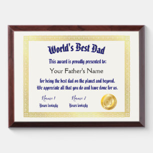 Modern Funny World's Best Dad Certificate Award Plaque