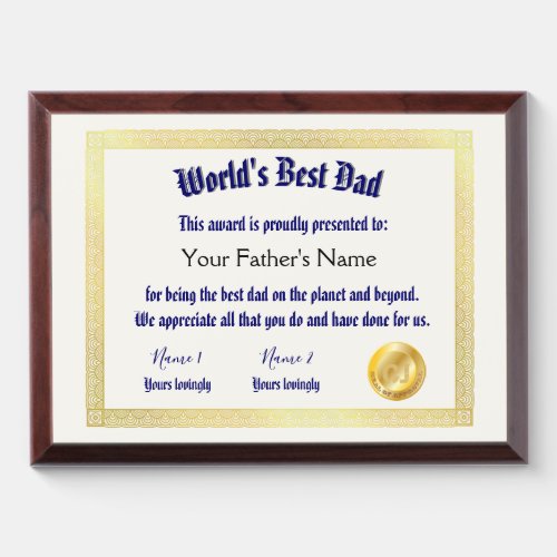 Modern Funny Worlds Best Dad Certificate  Award Plaque