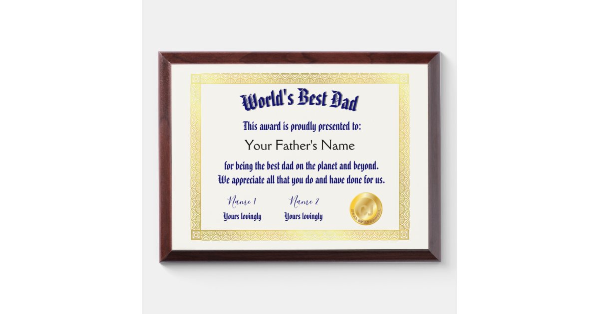 Modern Funny World's Best Dad Certificate Award Plaque | Zazzle