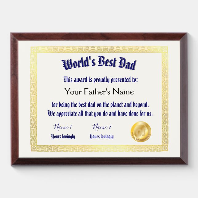 Modern Funny World's Best Dad Certificate  Award Plaque (Horizontal)