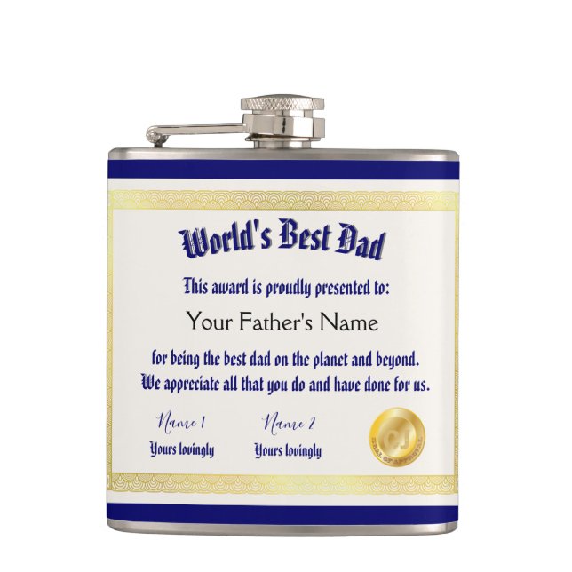 Modern Funny World's Best Dad Certificate  Flask (Front)