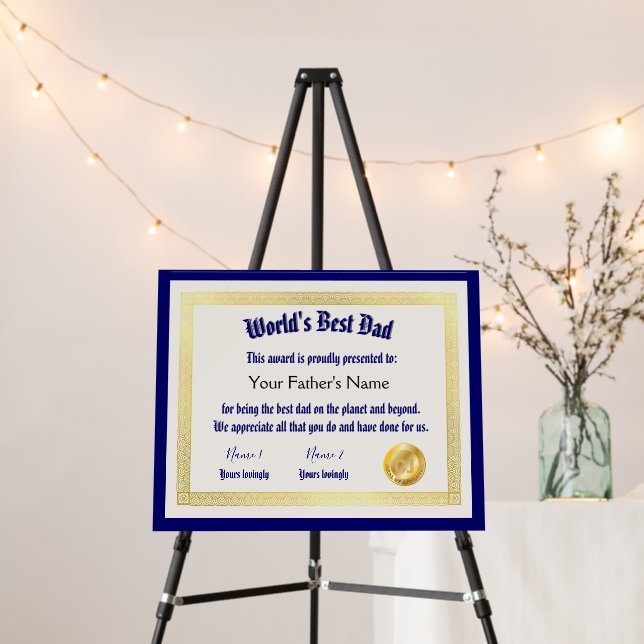 Modern Funny World's Best Dad Certificate  Foam Board (In Situ (Stand))