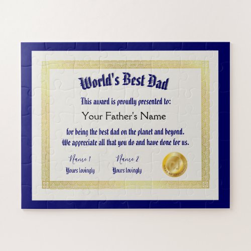 Modern Funny Worlds Best Dad Certificate  Jigsaw Puzzle