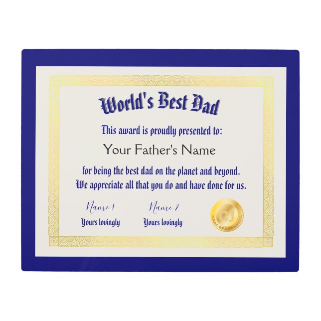 Modern Funny World's Best Dad Certificate  Metal Print (Front)