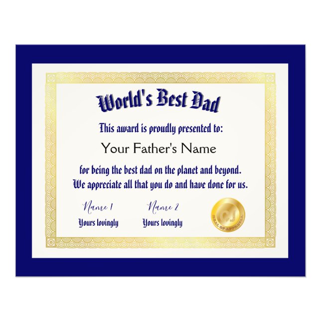 Modern Funny World's Best Dad Certificate  Photo Print (Front)