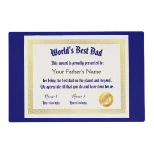 Modern Funny World's Best Dad Certificate Placemat