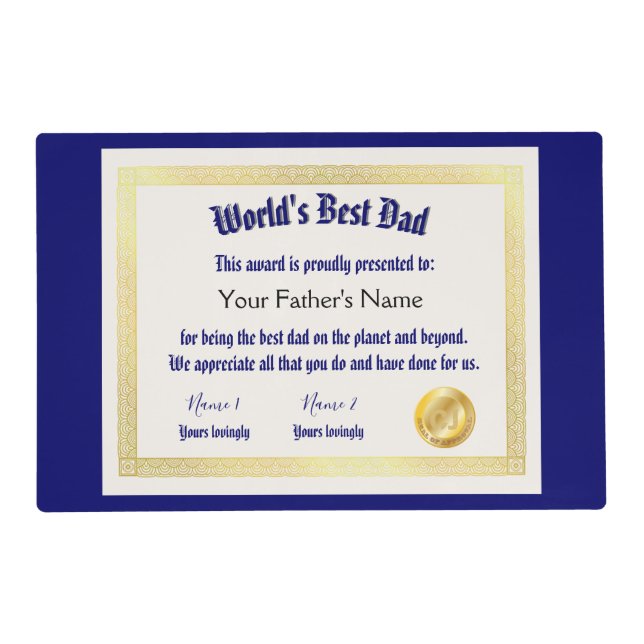 Modern Funny World's Best Dad Certificate  Placemat (Front)