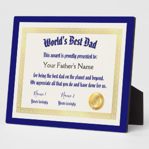 Modern Funny World's Best Dad Certificate  Plaque