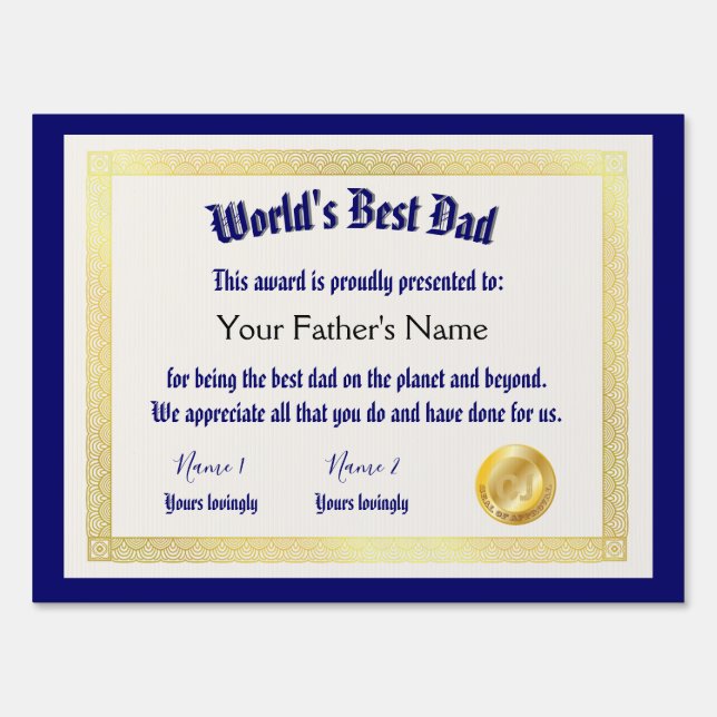 Modern Funny World's Best Dad Certificate  Sign (Front)
