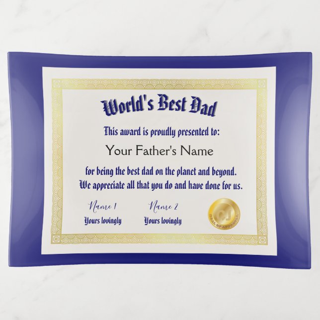 Modern Funny World's Best Dad Certificate  Trinket Tray (Front)