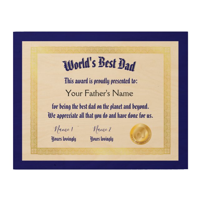 Modern Funny World's Best Dad Certificate  Wood Wall Art (Front)