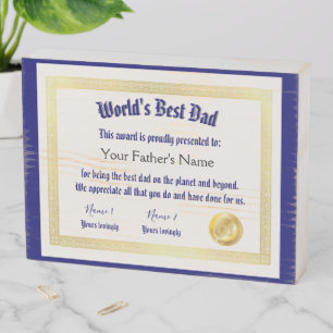 Modern Funny World's Best Dad Certificate Wooden Box Sign