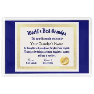 Modern Funny World's Best Grandpa Certificate Acrylic Tray