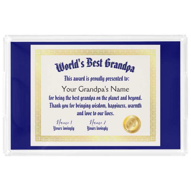 Modern Funny World's Best Grandpa Certificate Acrylic Tray (Front)