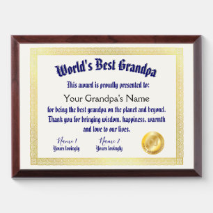 Modern Funny World's Best Grandpa Certificate Award Plaque