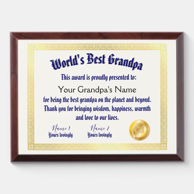Modern Funny World's Best Grandpa Certificate Award Plaque (Horizontal)