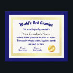 Modern Funny World's Best Grandpa Certificate Canvas Print<br><div class="desc">Introducing the world's best grandpa certificate design! This DIY grandfather certificate award is the perfect way to show appreciation for the awesome grandpa in your life. Whether it's for Father's Day, grandparents day, a birthday, or just because, this personalized award is sure to make any fantastic grand dad feel special....</div>