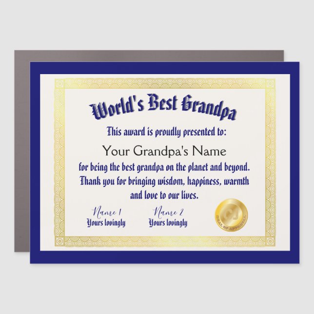 Modern Funny World's Best Grandpa Certificate Car Magnet (Front)