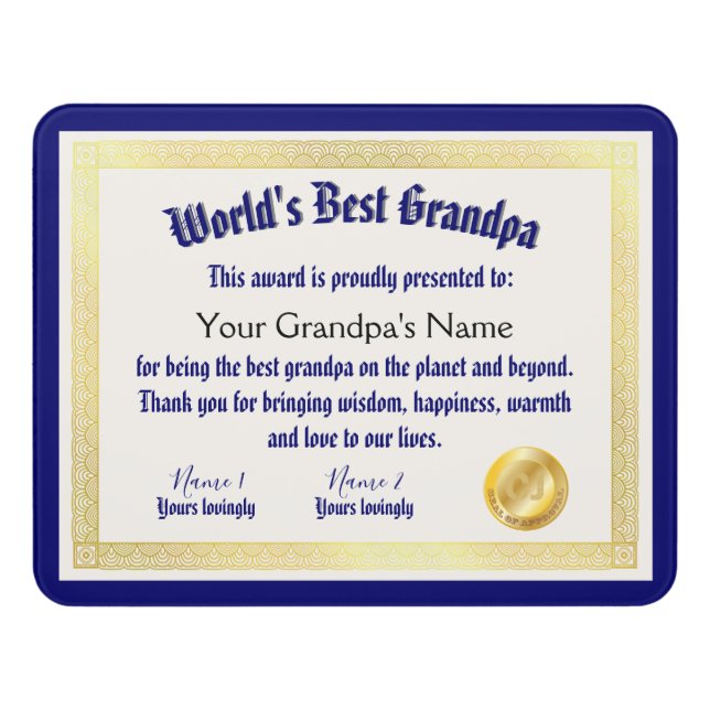 Modern Funny World's Best Grandpa Certificate Door Sign (Contemporary Front)