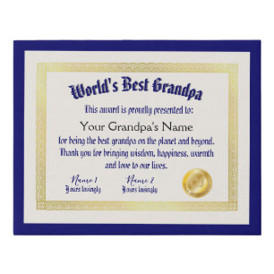 Modern Funny World's Best Grandpa Certificate Faux Canvas Print