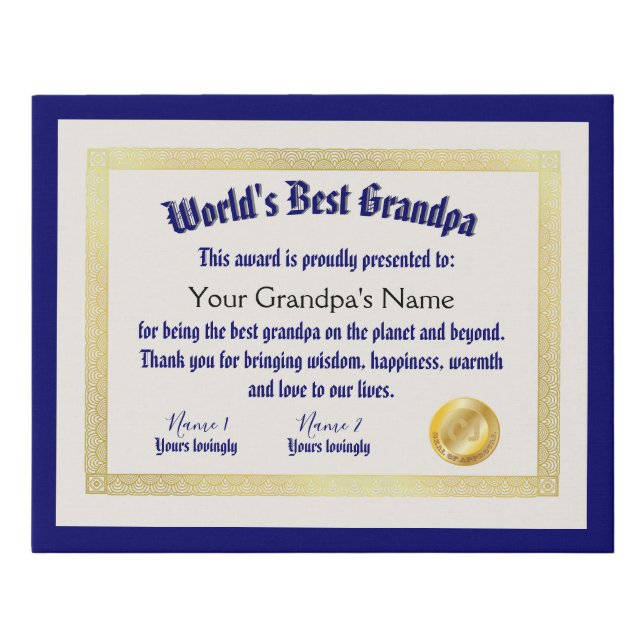 Modern Funny World's Best Grandpa Certificate Faux Canvas Print (Front)