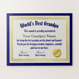 Modern Funny World's Best Grandpa Certificate Jigsaw Puzzle