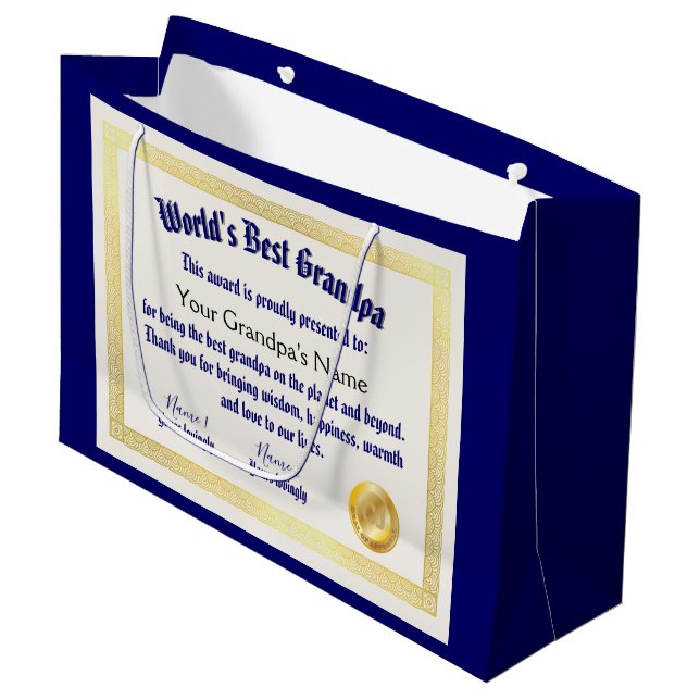 Modern Funny World's Best Grandpa Certificate Large Gift Bag (Front Angled)