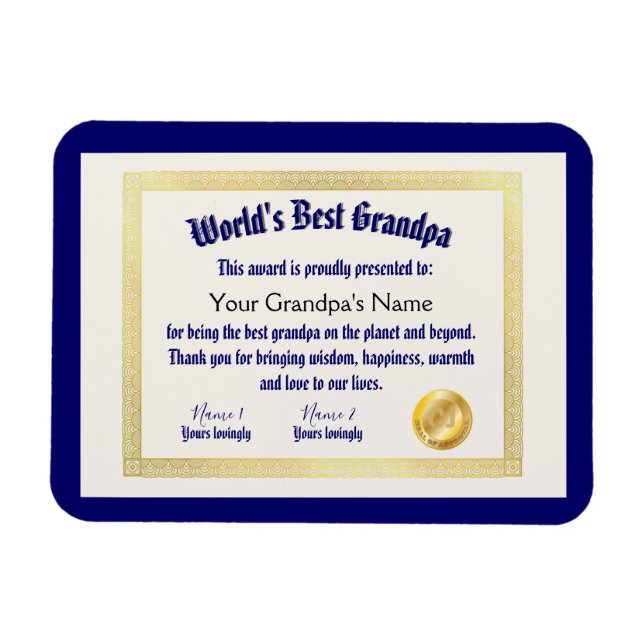 Modern Funny World's Best Grandpa Certificate Magnet (Horizontal)