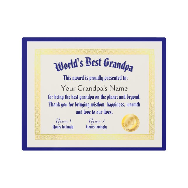 Modern Funny World's Best Grandpa Certificate Metal Print (Front)