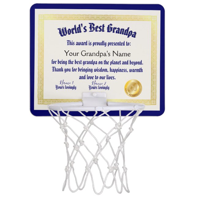 Modern Funny World's Best Grandpa Certificate Mini Basketball Hoop (Front)