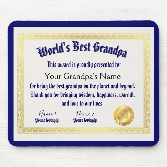Modern Funny World's Best Grandpa Certificate Mouse Pad (Front)