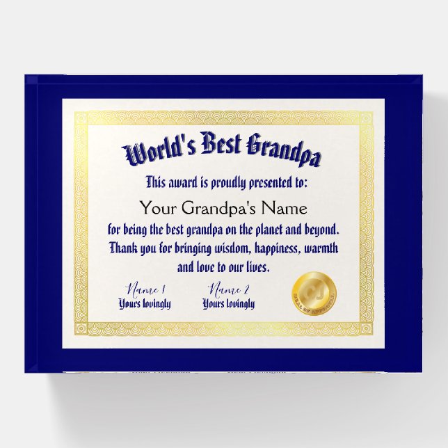 Modern Funny World's Best Grandpa Certificate Paperweight (Front)