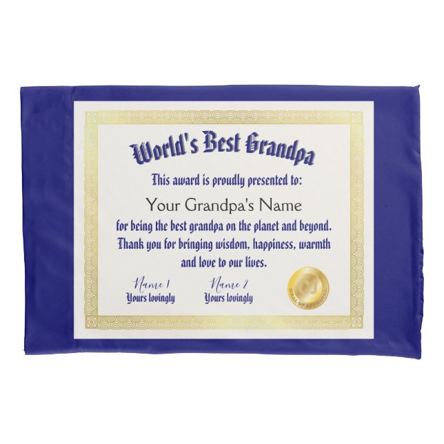 Modern Funny World's Best Grandpa Certificate Pillow Case (Front)