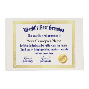 Modern Funny World's Best Grandpa Certificate Placemat