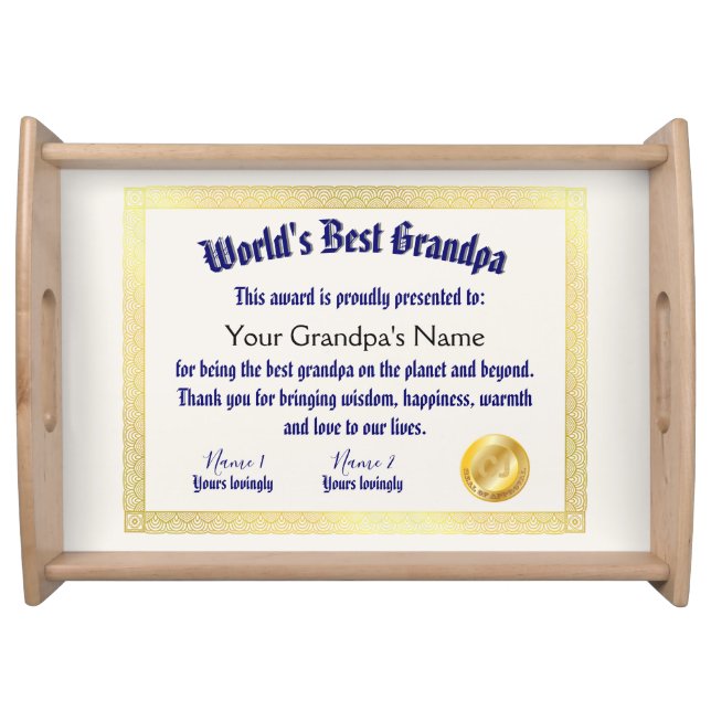 Modern Funny World's Best Grandpa Certificate Serving Tray (Front)