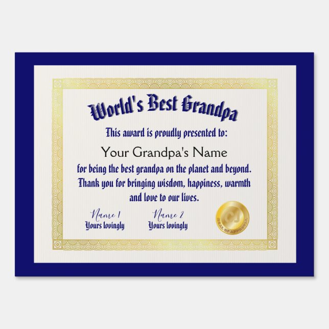 Modern Funny World's Best Grandpa Certificate Sign (Front)