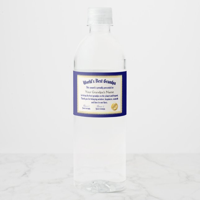 Modern Funny World's Best Grandpa Certificate Water Bottle Label (Front)