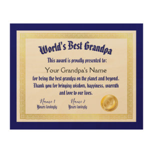 Modern Funny World's Best Grandpa Certificate Wood Wall Art