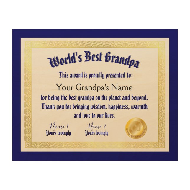Modern Funny World's Best Grandpa Certificate Wood Wall Art (Front)