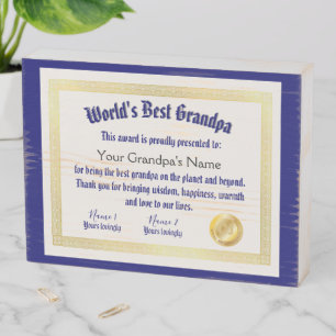 Modern Funny World's Best Grandpa Certificate Wooden Box Sign